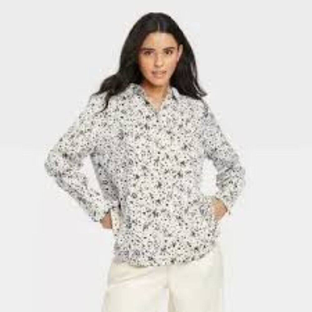 A NEW DAY WOMEN'S SPOTTED LONG SLEEVE SATIN BUTTON DOWN SHIRT TOP BLOUSE MEDIUM